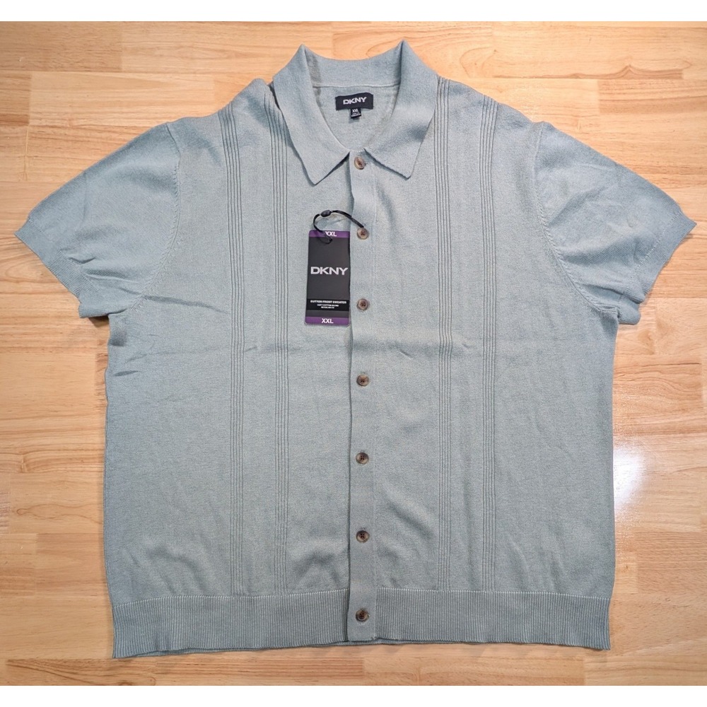 DKNY Mens‎ XXL Green Button Front Short Sleeve Knit Polo Sweater DK16SR2512C NEW